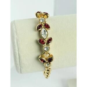 Vintage Gold Tone Ruby Red & Clear Rhinestone Link Bracelet Floral Design 7.25”